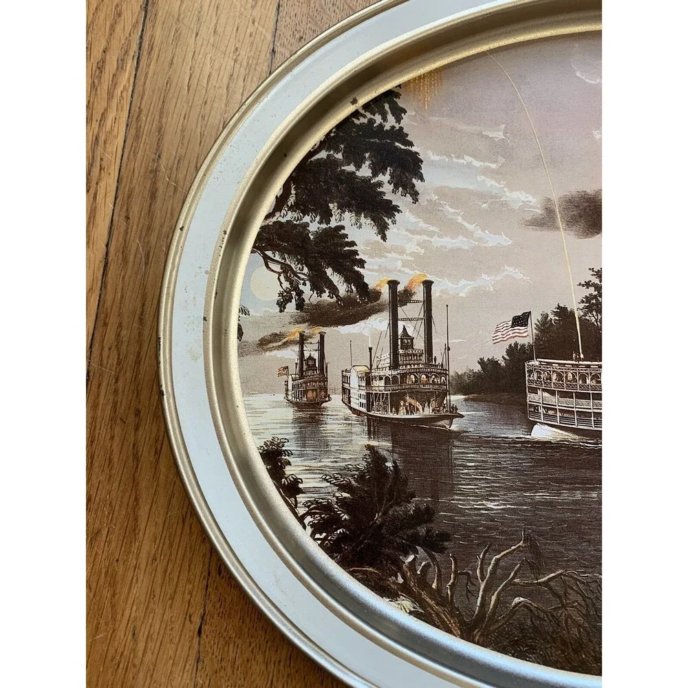 Currier and Ives Metal Serving Tray Mississippi 1965 1966 (set of 2) VTG Display